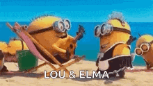 a group of minions are sitting on a beach . one minion is playing a guitar .