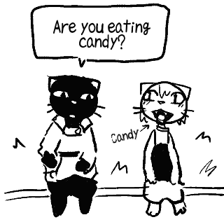 a black and white drawing of two cats standing next to each other and talking about candy .