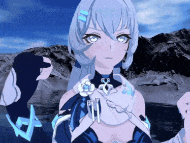 a girl with white hair and blue eyes stands in front of a mountain