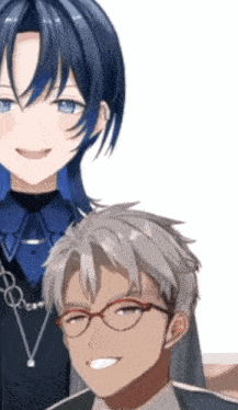 a man with glasses is smiling next to another man with blue hair