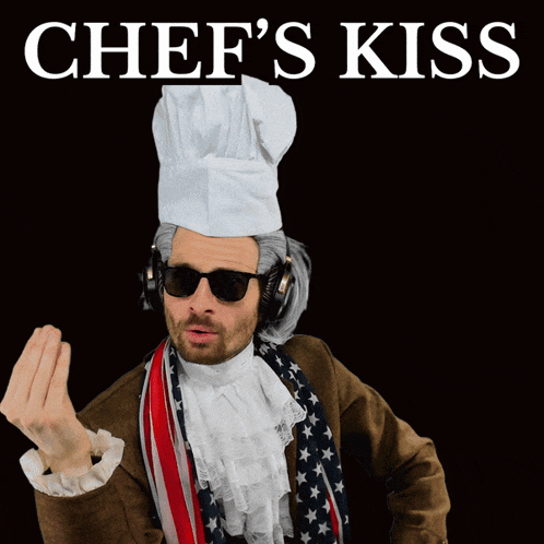 a man in a chef 's hat is giving the middle finger with the words chef 's kiss behind him