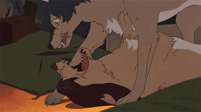 a cartoon of a wolf biting a man 's leg