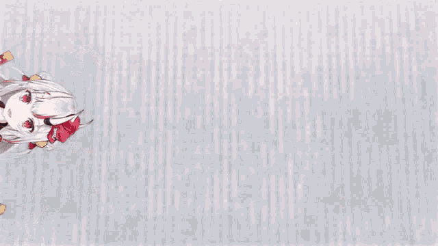 an anime girl with horns and a sword is laying down