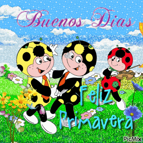 a picture of a ladybug with the words buenos dias feliz primavera on the bottom