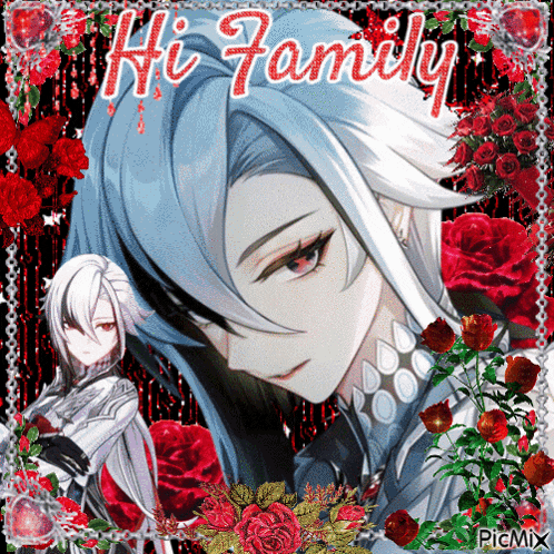 a picture of a anime character with the words hi family written above it
