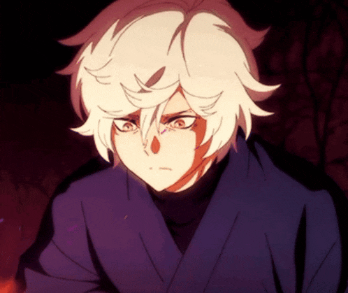 a man with white hair and red eyes is wearing a blue kimono