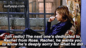 a woman is sitting in a chair in front of a window with a quote from friends .
