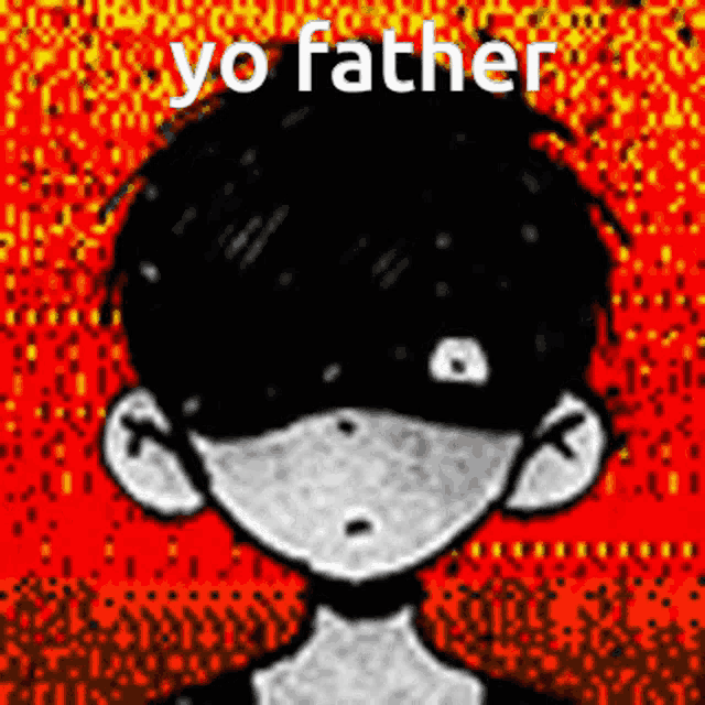 a black and white drawing of a boy with a red background and the words `` yo father '' on it .