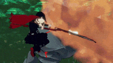 a girl in a red cape is holding a sword