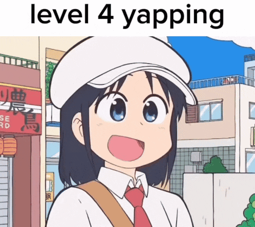 a cartoon of a girl wearing a white hat and tie with the words level 4 yapping below her
