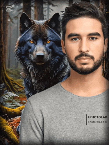 a man with a beard is standing next to a black wolf