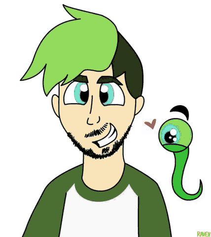 a drawing of a man with green hair and a green snake