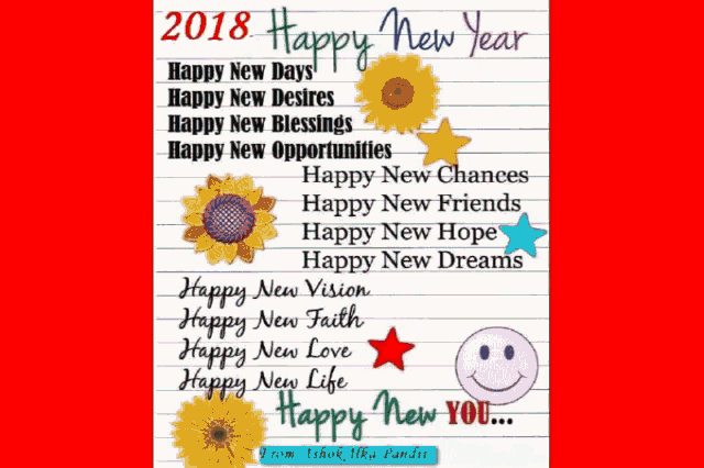 a happy new year greeting card with sunflowers and stars