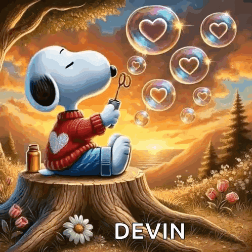 snoopy is sitting on a tree stump blowing soap bubbles with hearts on them .