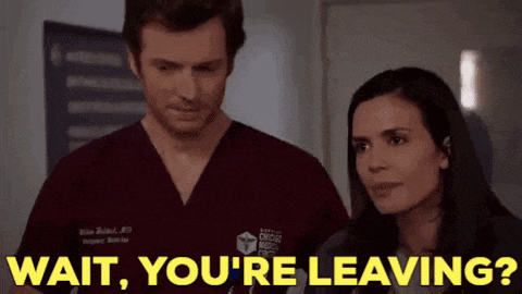 a man and a woman are standing next to each other with the words wait you 're leaving
