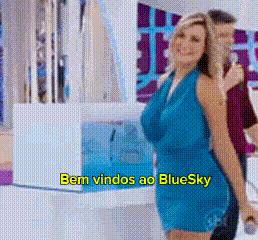a woman in a blue dress says bem vindos ao bluesky in yellow letters