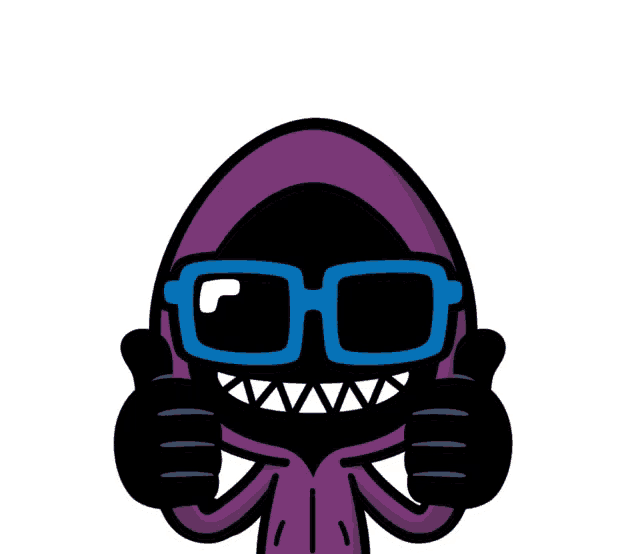 a cartoon character wearing a purple hoodie and blue glasses giving a thumbs up