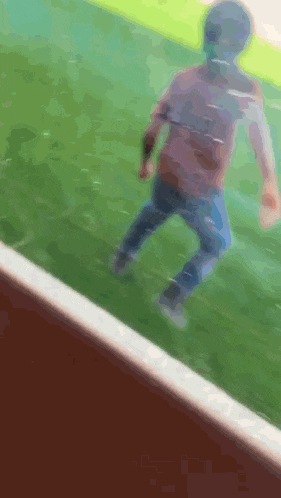 a blurred image of a person walking on a grassy field