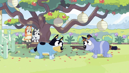 a group of cartoon dogs are standing under a tree with lanterns hanging from it