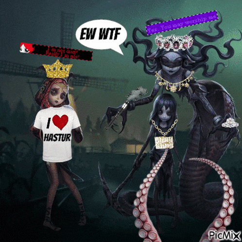 a girl wearing a shirt that says i love hastur stands next to a monster