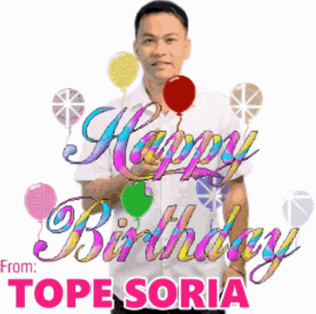 a man with balloons and the words happy birthday from tope soria behind him