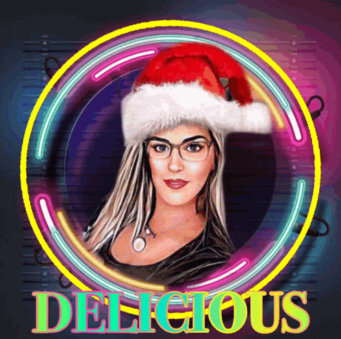 a woman wearing a santa hat is surrounded by neon lights and the words delicious