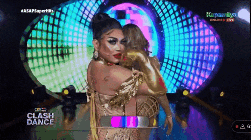 a woman in a gold dress is dancing in front of a disco ball and the words clash dance on the bottom