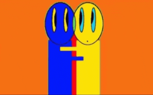 three colorful cartoon characters are standing next to each other .