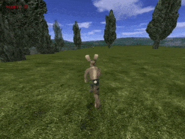 a video game screen shows a rabbit running through a grassy field with trees in the background