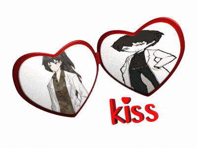 a couple of hearts with the word kiss in red letters