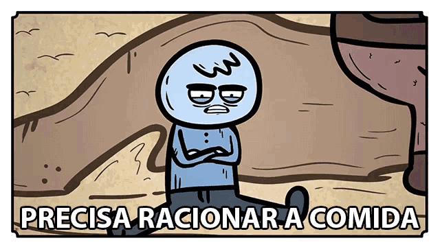 a cartoon of a man with the words precisa racionar a comida written below him