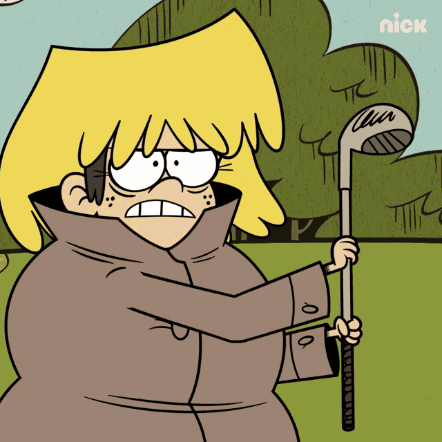 a cartoon of a woman holding a golf club with the nick logo behind her