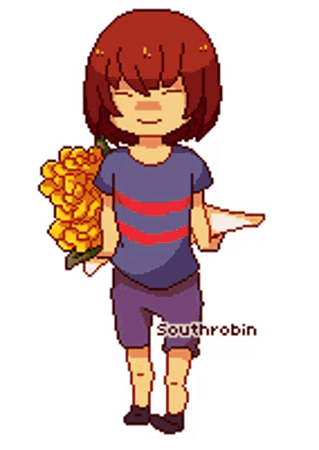a pixel art drawing of a girl holding a bouquet of flowers