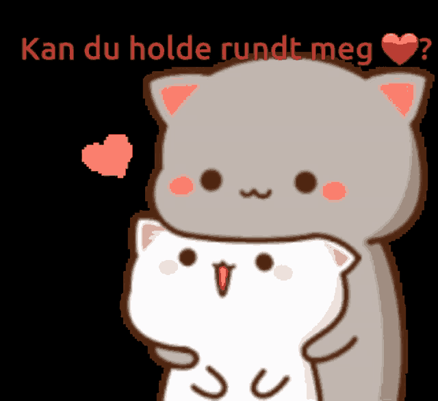 a cartoon of a cat hugging another cat with the words kan du holde rundt meg