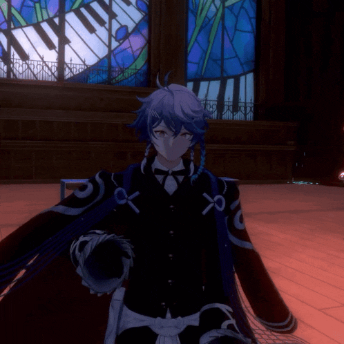 a person in a video game with a stained glass window in the background