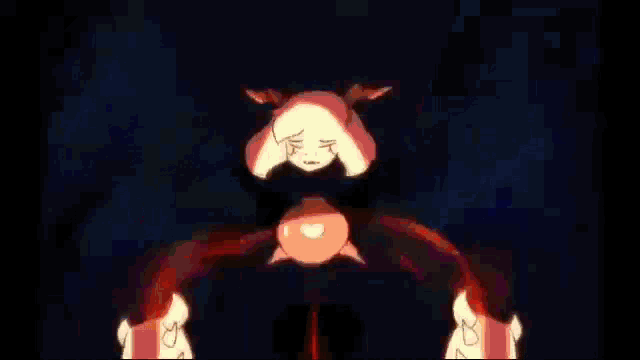 a cartoon character is surrounded by red flames in a dark room