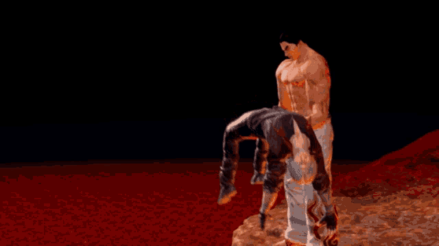 a man in white pants and red gloves is kicking another man in the air