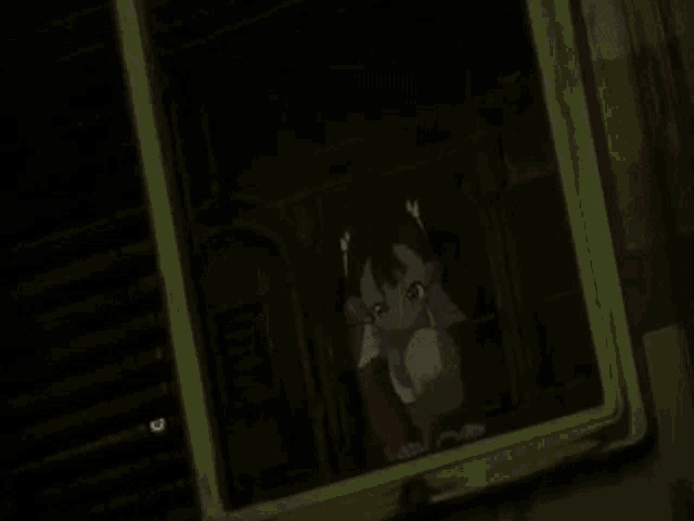 a cartoon character with large breasts is flying through the air in a dark room .