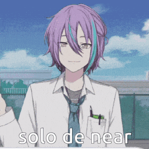 a boy with purple hair and blue streaks is wearing a white shirt and tie with the words solo de near written below him