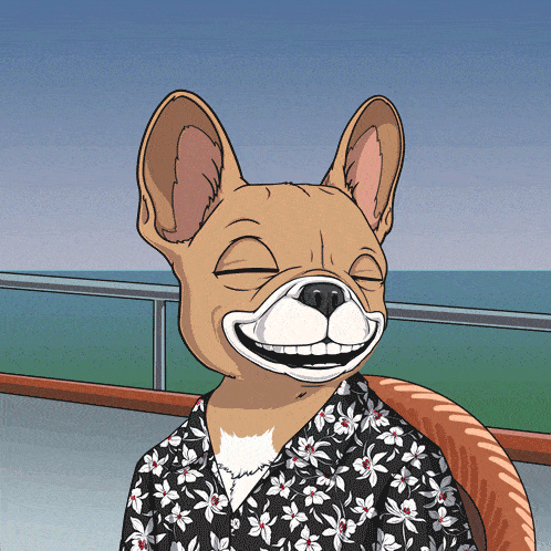 a cartoon dog wearing a floral shirt is smiling