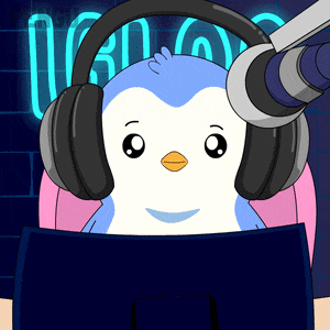 a cartoon of a penguin wearing headphones and looking at a computer screen