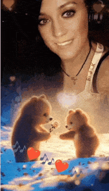 a woman is standing next to two teddy bears holding a rose and a microphone .