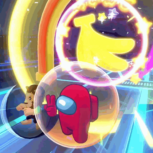 a red among us character giving a peace sign in a clear bubble