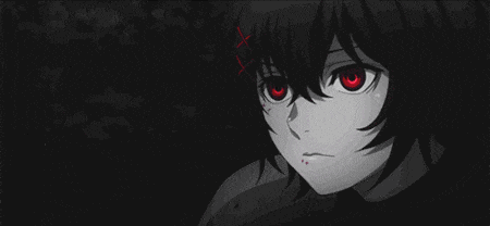 a black and white drawing of a girl with red eyes and a cross on her head .