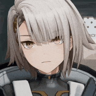 a close up of a girl 's face in a video game with gray hair and brown eyes .