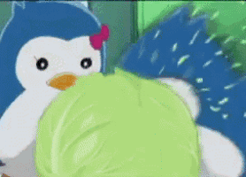 a penguin and a hedgehog are playing with a green leaf