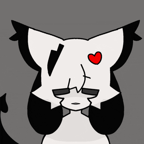 a black and white drawing of a cat with a red heart on its nose