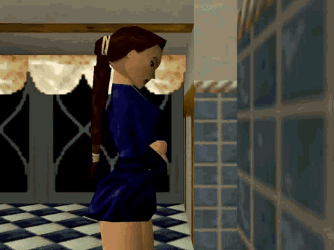 a computer generated image of a woman standing in a room