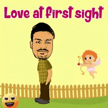 a cartoon of a man and cupid with the words love at first sight above them