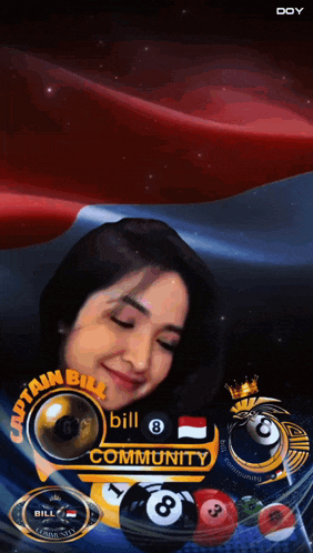 a woman is surrounded by pool balls and the words " captain bill 8 community "